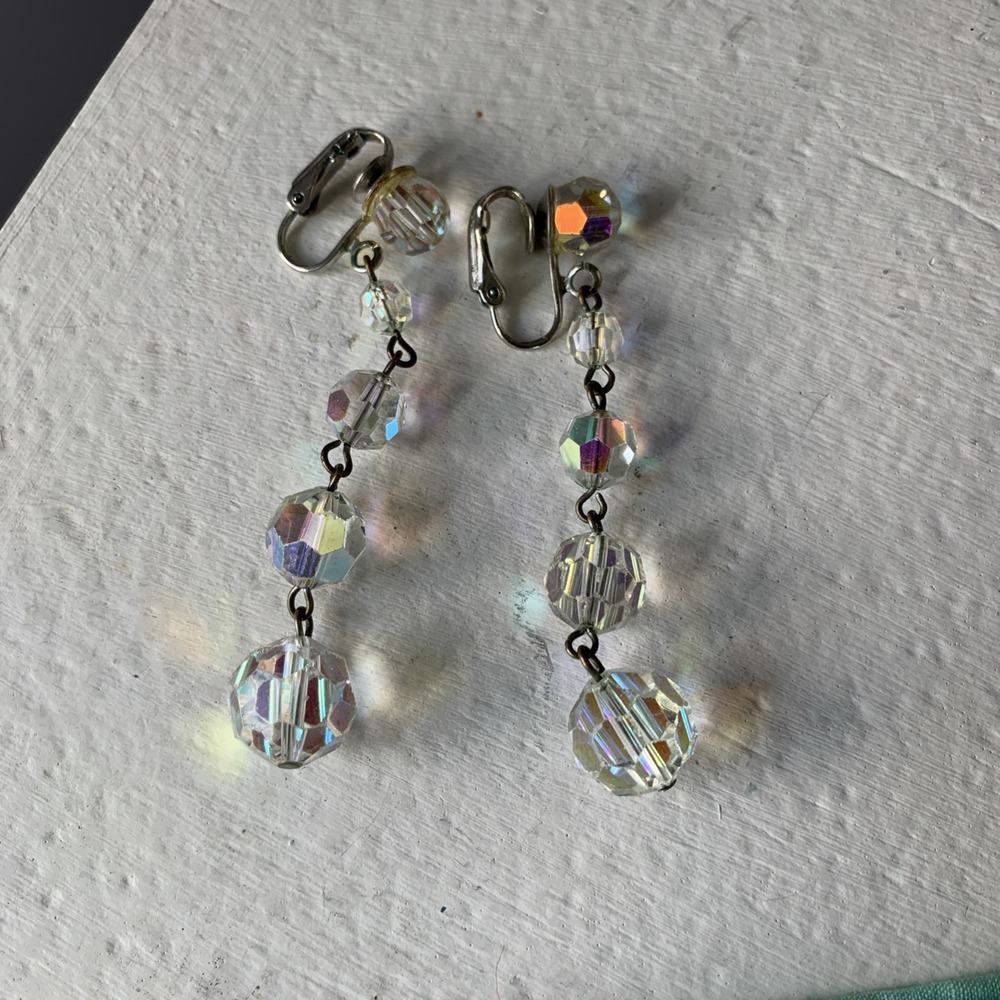 VTG Clip-on Faceted Glass Crystal Drop Earrings‎ Clear Aurora Borealis Wedding